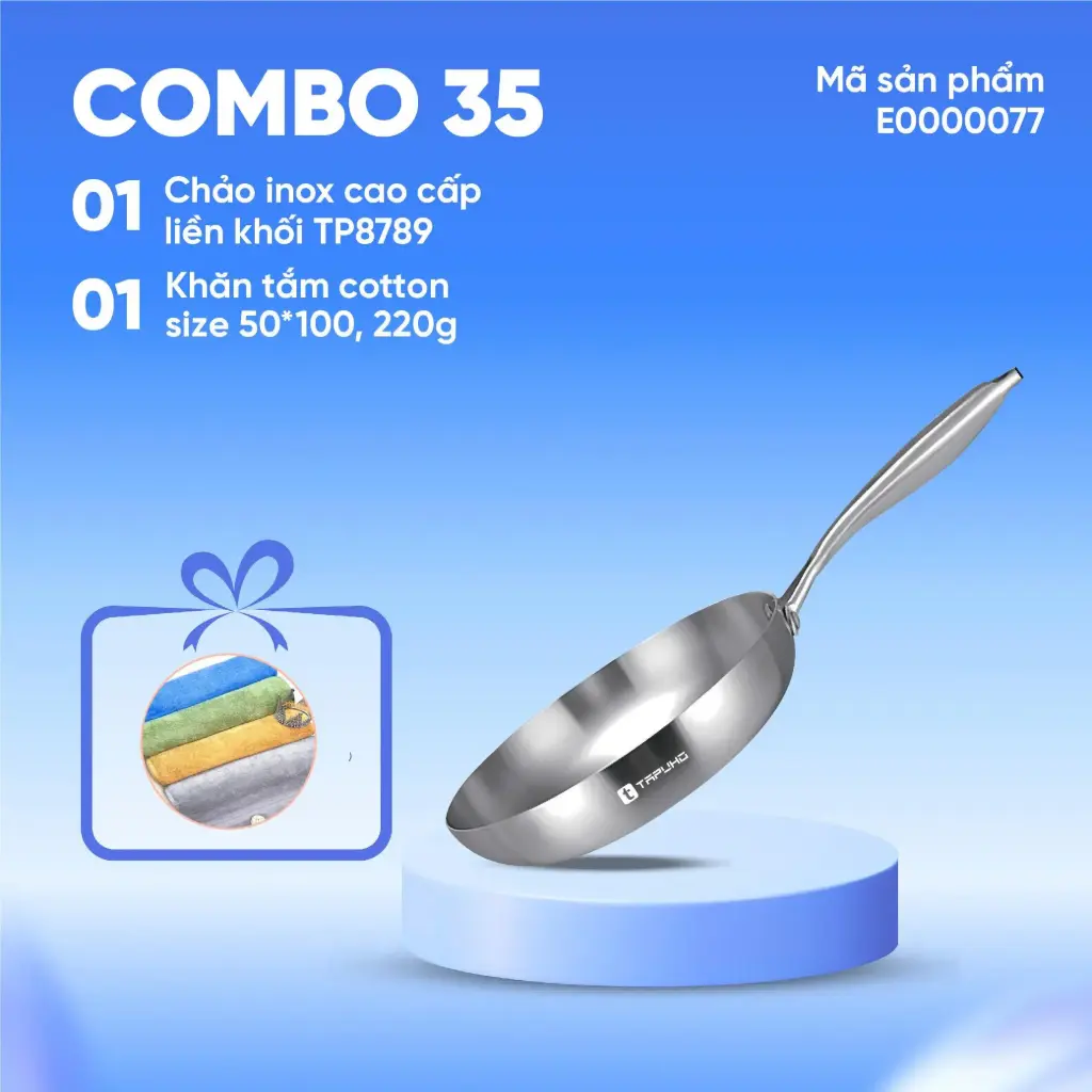 Combo (1 Chảo inox cao cấp liền khối TP8789 + 1 Khăn tắm cotton size 50×100 220g)
