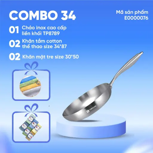 Combo (1 Chảo inox cao cấp liền khối TP8789 + 2 Khăn tắm cotton thể thao size 34×87 + 2 Khăn mặt tre size 30×50)