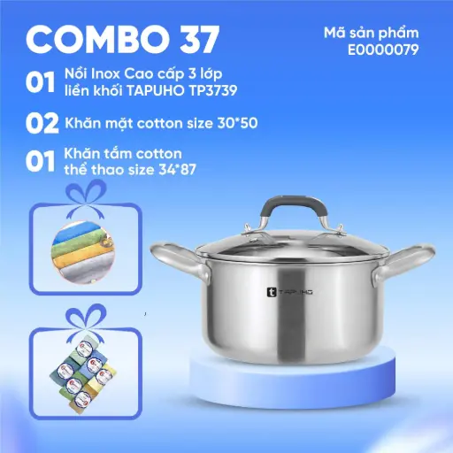 Combo (1 Nồi inox cao cấp 3 lớp liền khối TAPUHO TP3739 + 2 Khăn mặt cotton size 30×50 x2 + 1 Khăn tắm cotton thể thao size 34×87)
