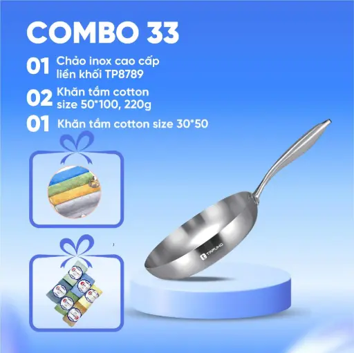 Combo (1 Chảo inox cao cấp liền khối TP8789 + 2 Khăn tắm cotton size 50×100 220g + 1 Khăn tắm cotton size 30×50)