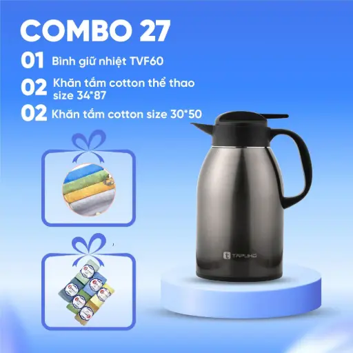 Combo (1 Bình giữ nhiệt TVF60 + 2 Khăn tắm cotton thể thao size 34×87 + 2 Khăn tắm cotton size 30×50)